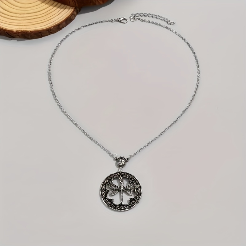 Men's Round Necklace Cutout Round Pendant Necklace Dragonfly Pendant